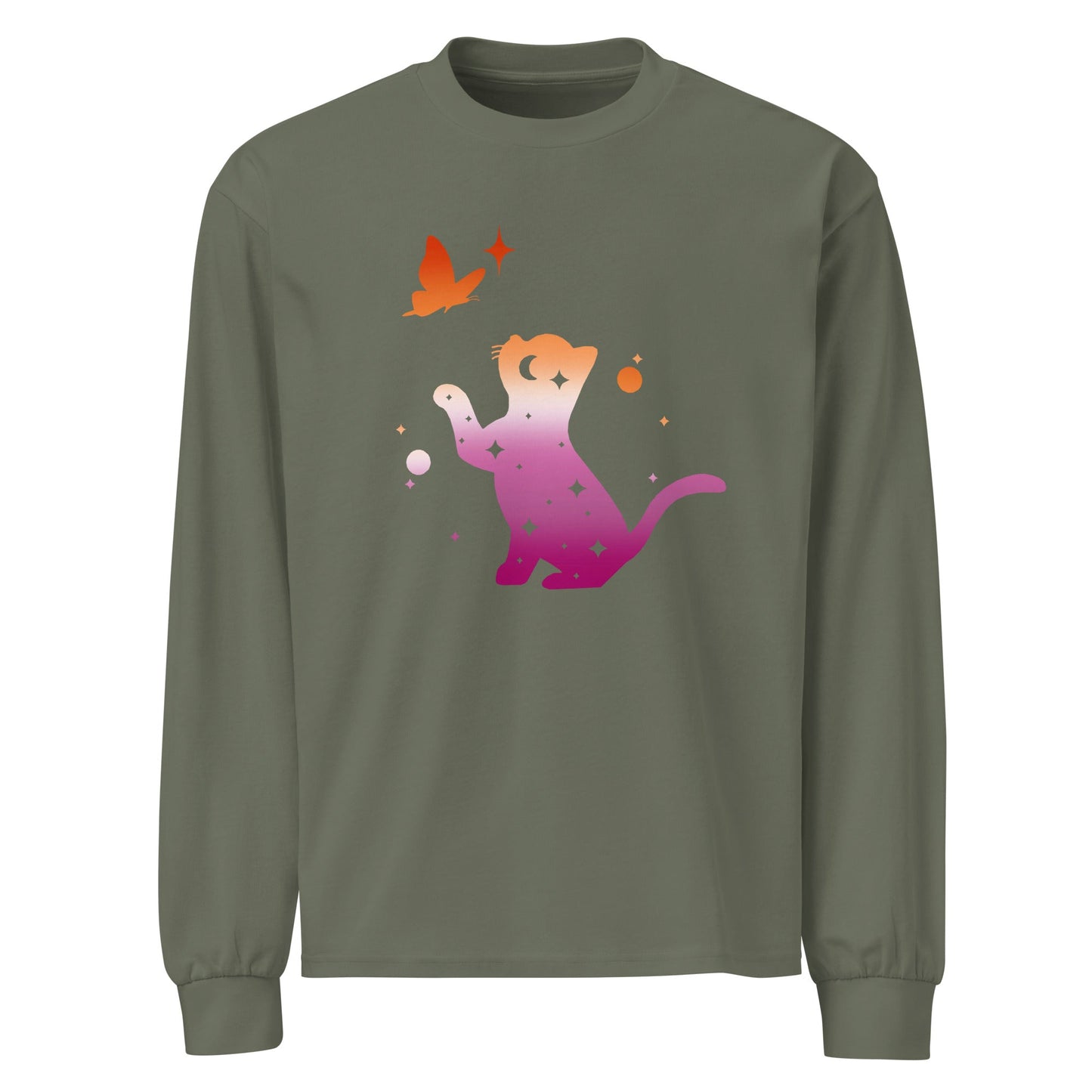 Subtle Lesbian Flag | Cat with Butterfly | Premium heavyweight long sleeve shirt - The Sapphic Company
