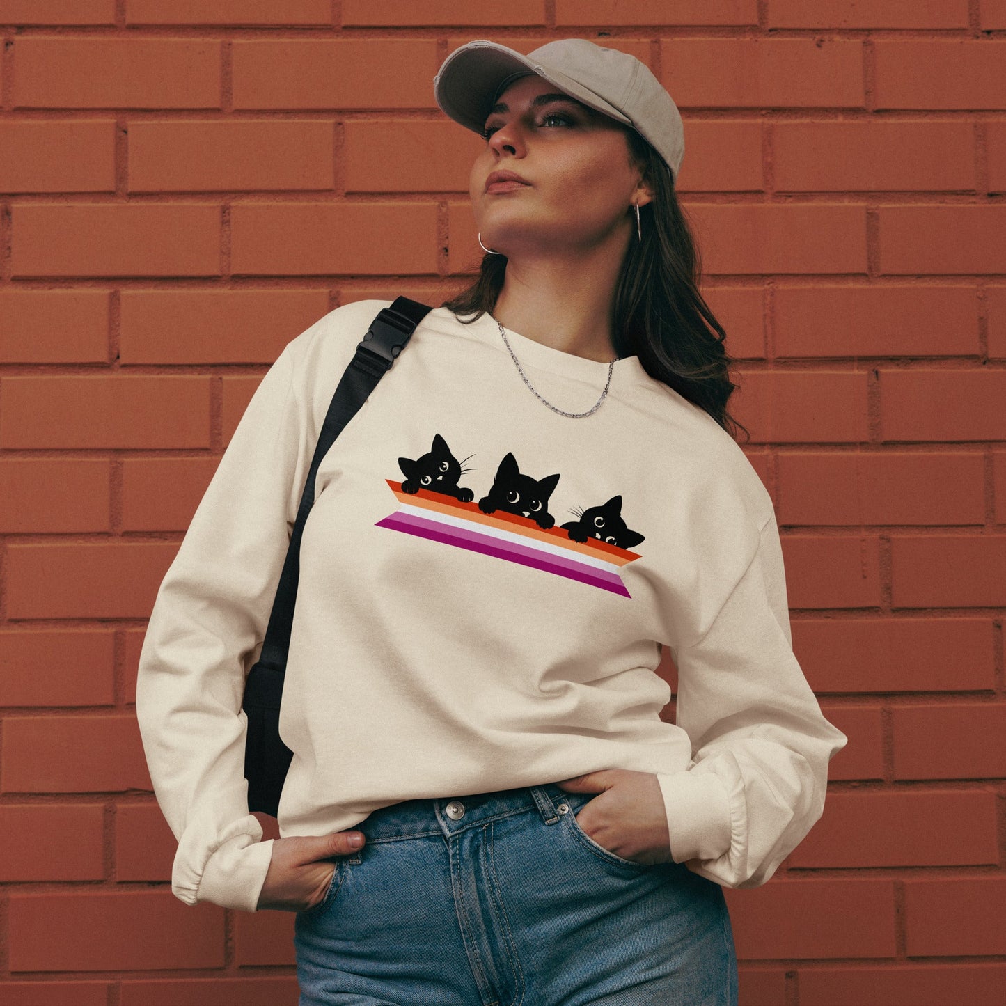 Cute Cats Holding Lesbian Flag | Premium heavyweight long sleeve shirt - The Sapphic Company